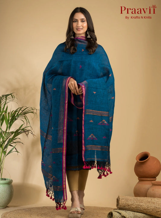 Cobalt Blue Unstitched Linen Handwoven Jamdani Suit Set