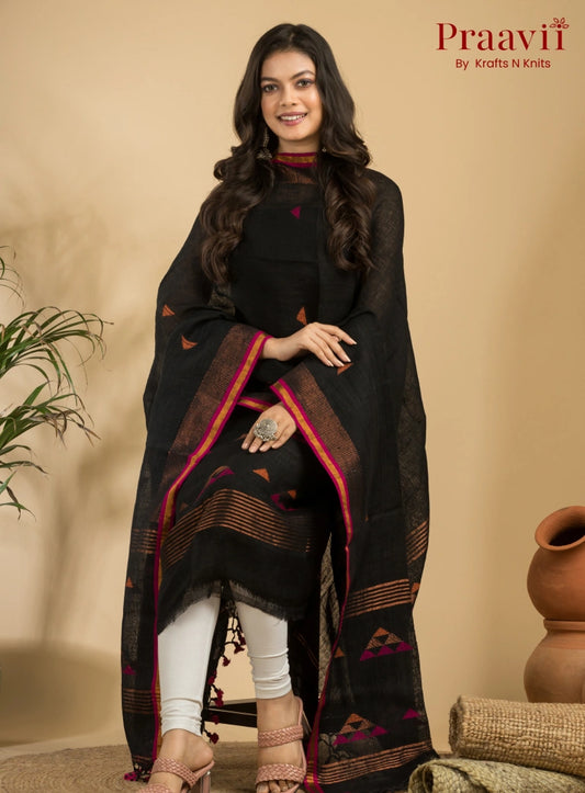Rich Black Unstitched Linen Handwoven Jamdani Suit Set