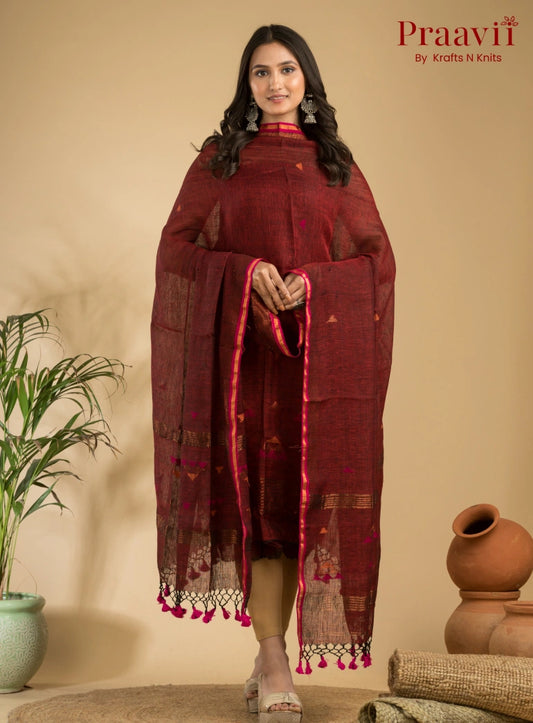 Rust Brown Unstitched Linen Handwoven Jamdani Suit Set