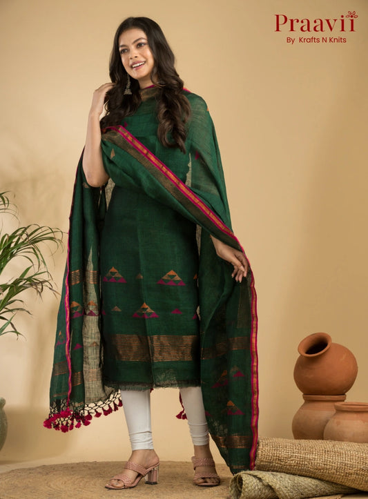 Deep Green Unstitched Linen Handwoven Jamdani Suit Set