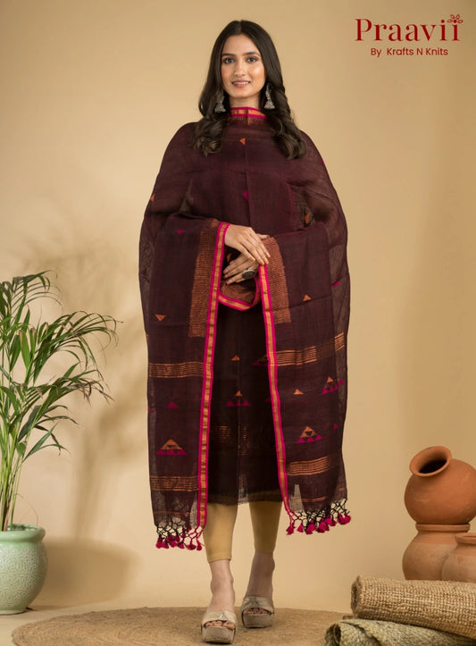 Dark Brown Unstitched Linen Handwoven Jamdani Suit Set