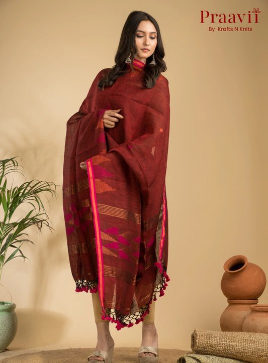 Rust Color Unstitched Linen Handwoven Jamdani Suit Set