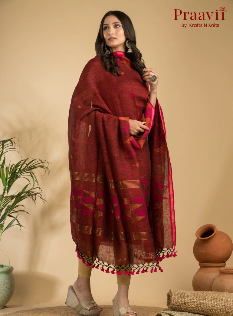 Rust Color Unstitched Linen Handwoven Jamdani Suit Set