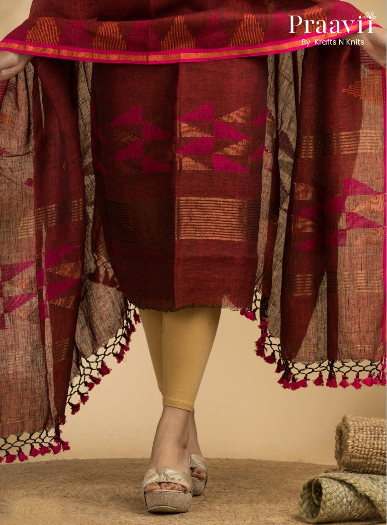 Rust Color Unstitched Linen Handwoven Jamdani Suit Set