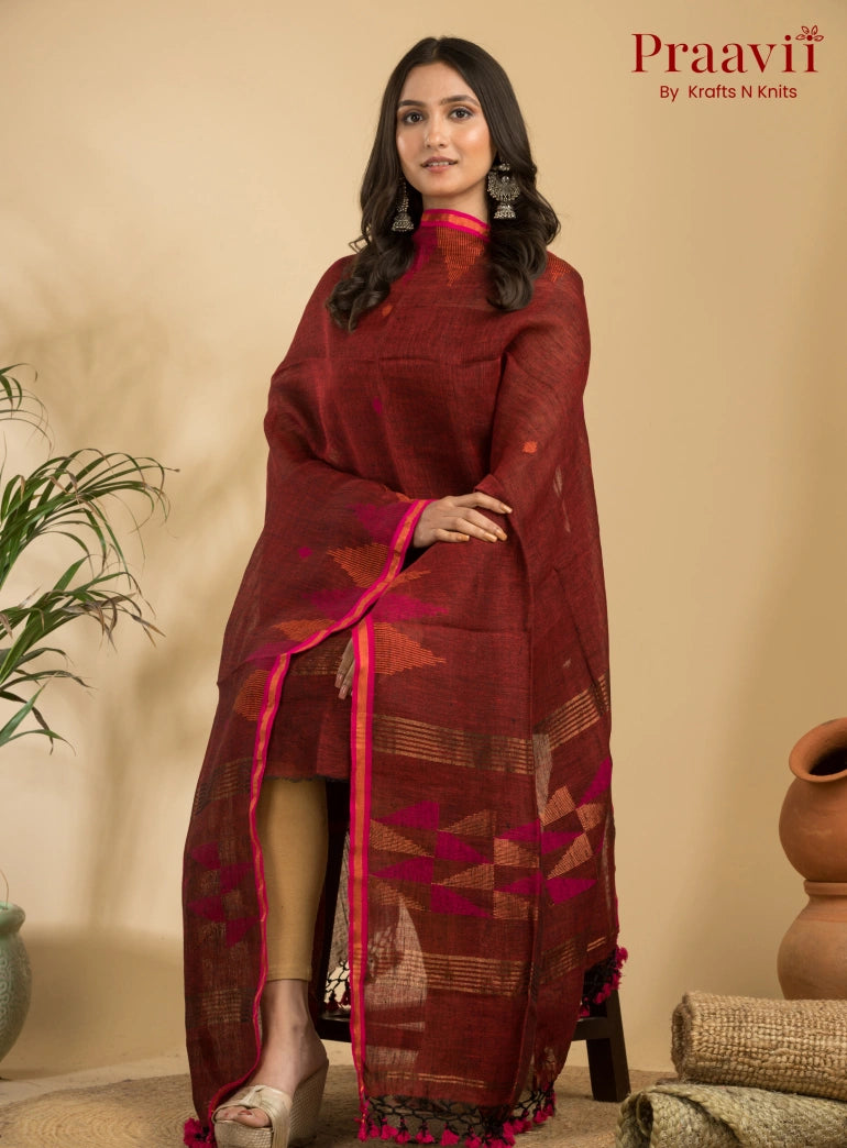 Rust Color Unstitched Linen Handwoven Jamdani Suit Set