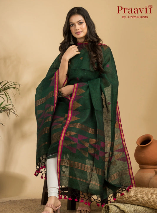 Pine Green Color Unstitched Linen Handwoven Jamdani Suit Set
