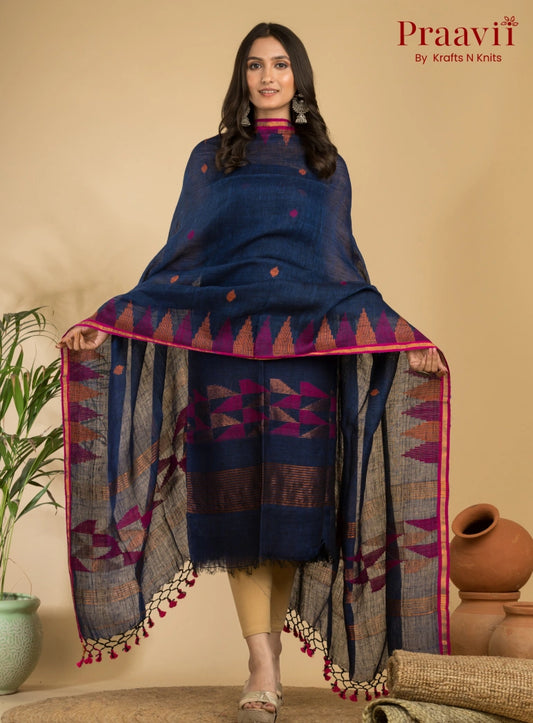 Cerulean Blue Unstitched Linen Handwoven Jamdani Suit Set