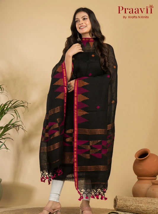 Pitch Black Unstitched Linen Handwoven Jamdani Suit Set