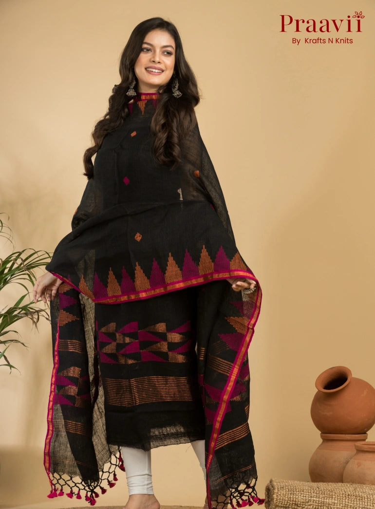 Pitch Black Unstitched Linen Handwoven Jamdani Suit Set