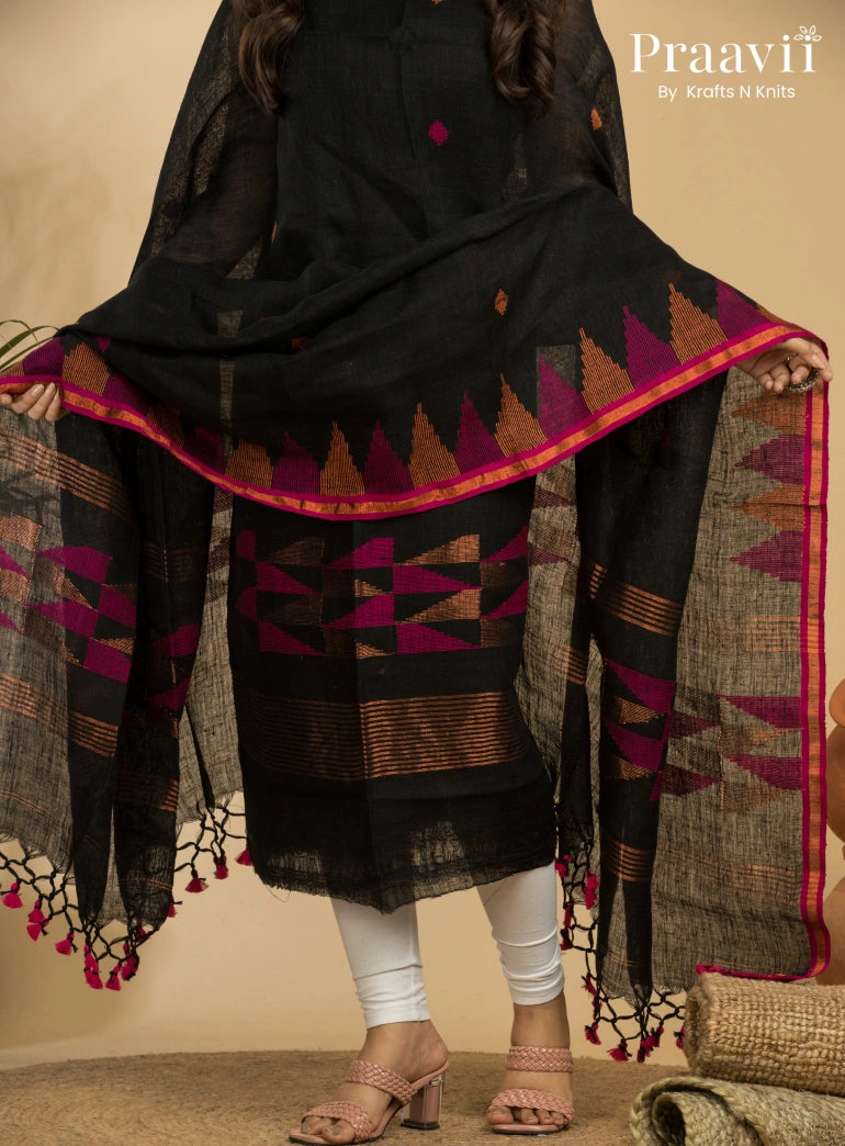 Pitch Black Unstitched Linen Handwoven Jamdani Suit Set