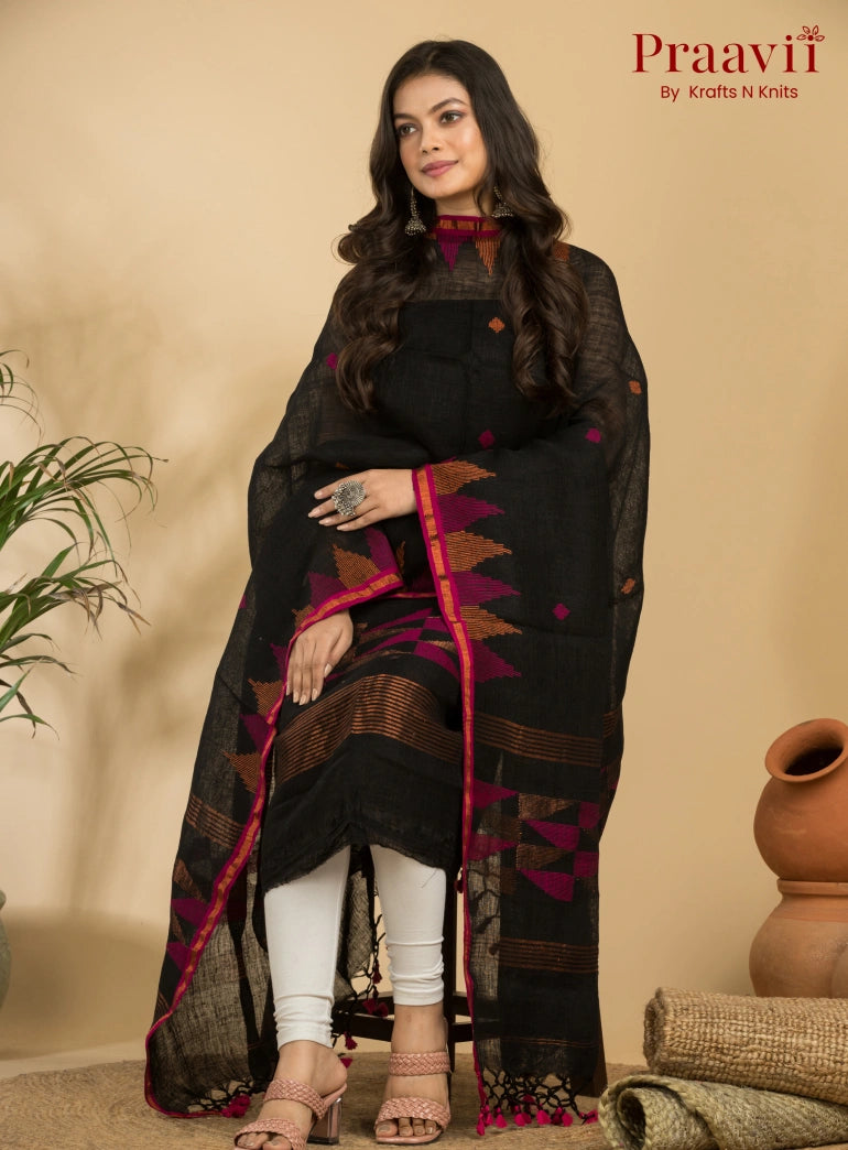 Pitch Black Unstitched Linen Handwoven Jamdani Suit Set