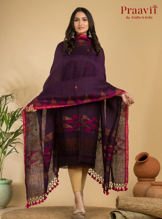 Plum Color Unstitched Pure Linen Handwoven Jamdani Suit Set