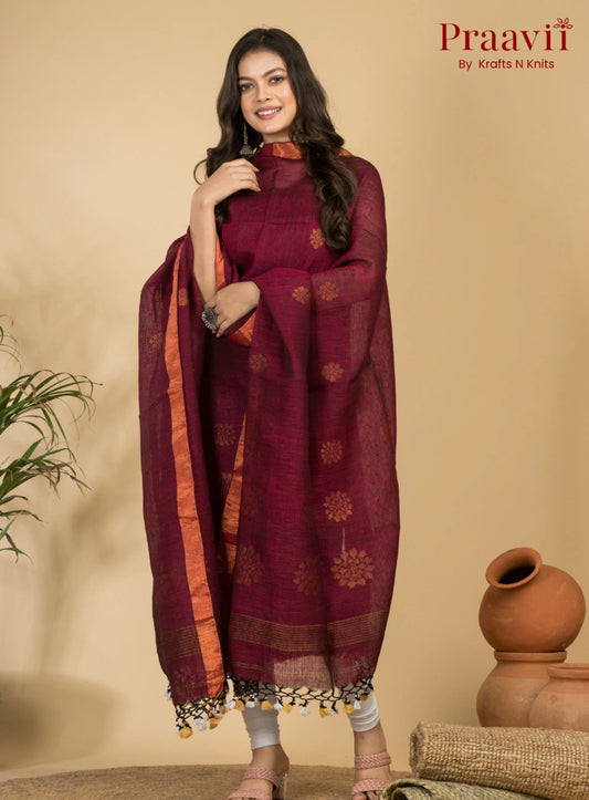 Elegant Maroon Jamdani Linen Suit with Zari Border