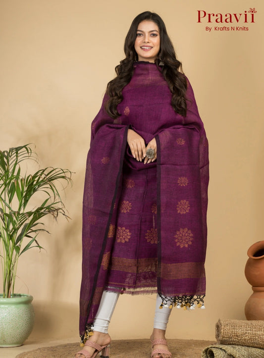 Elegant Wine Jamdani Linen Suit with Zari Detailing