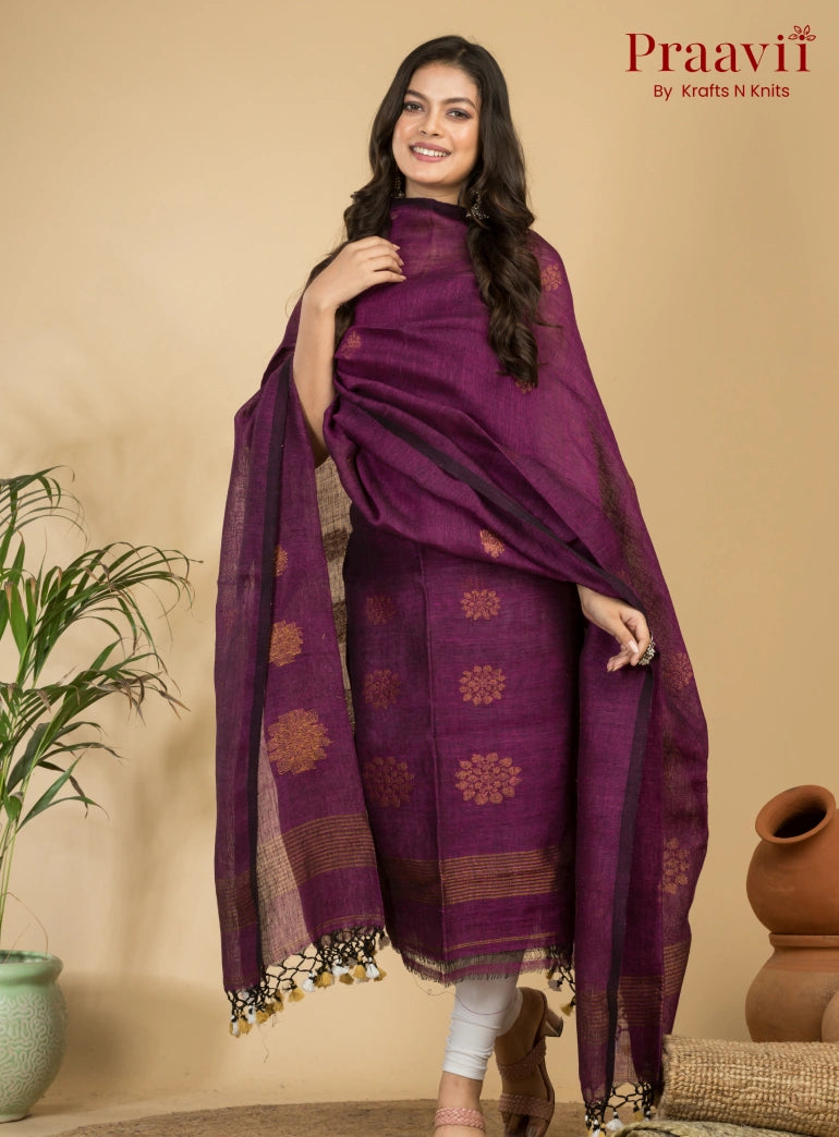 Elegant Wine Jamdani Linen Suit with Zari Detailing
