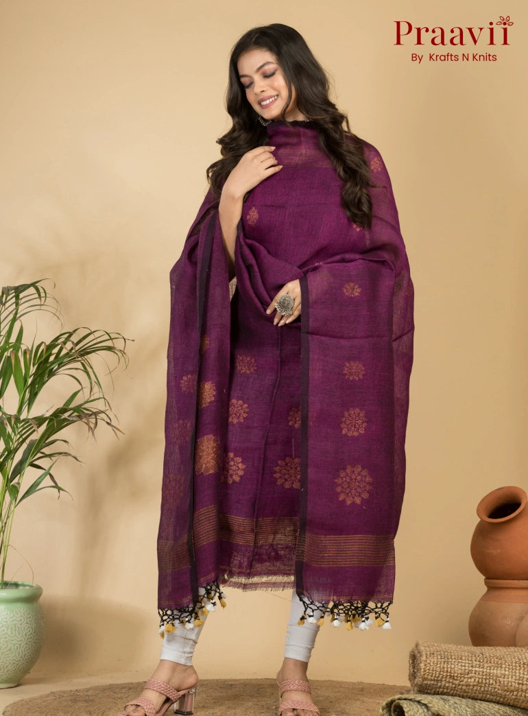 Elegant Wine Jamdani Linen Suit with Zari Detailing