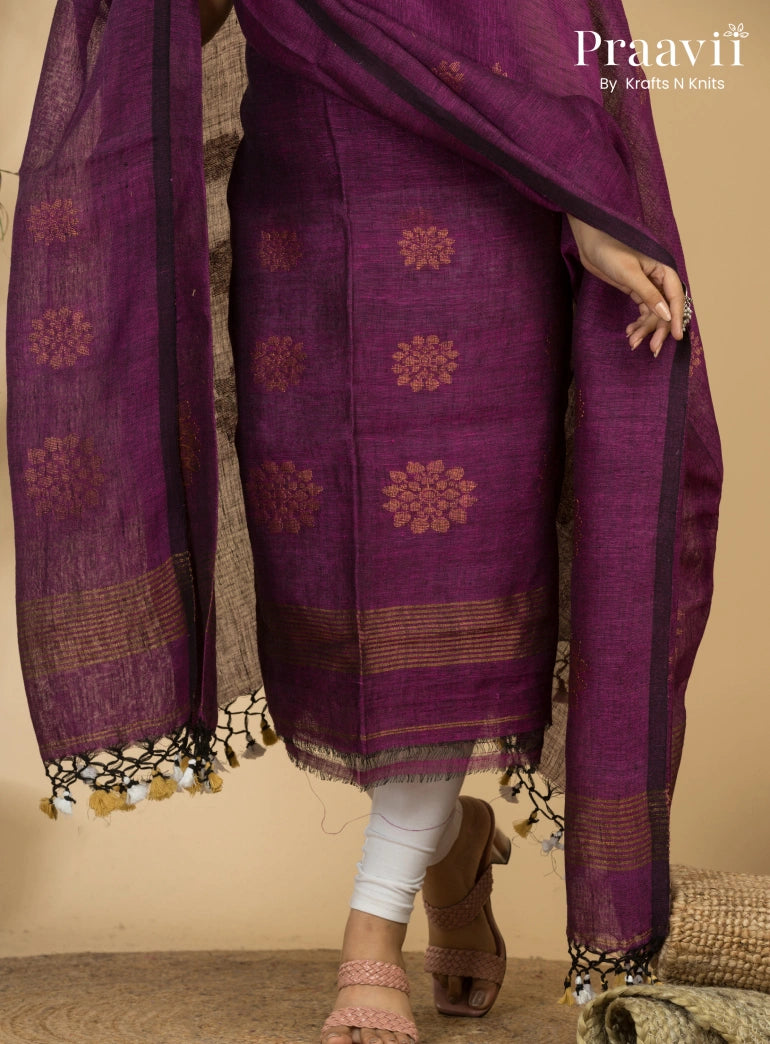 Elegant Wine Jamdani Linen Suit with Zari Detailing