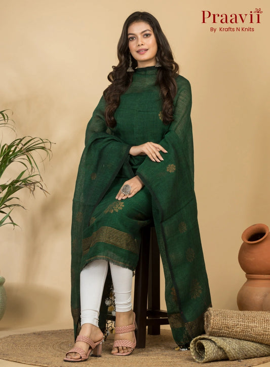Graceful Green Handloom Linen Suit with Zari Detailing