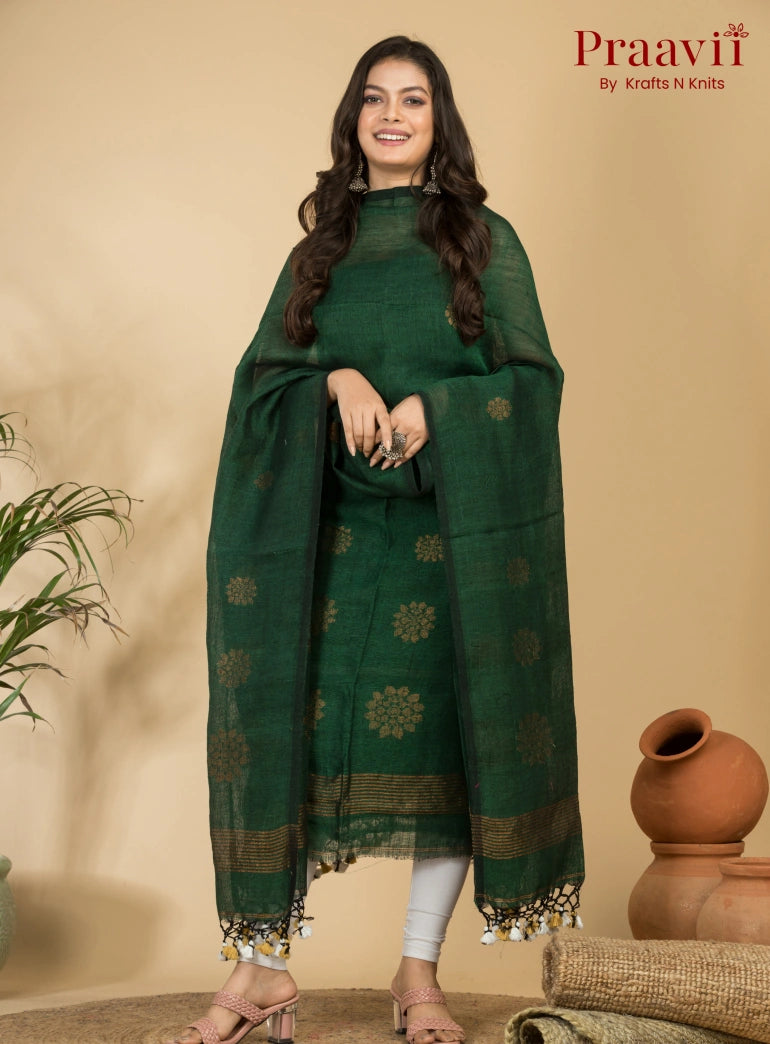 Graceful Green Handloom Linen Suit with Zari Detailing