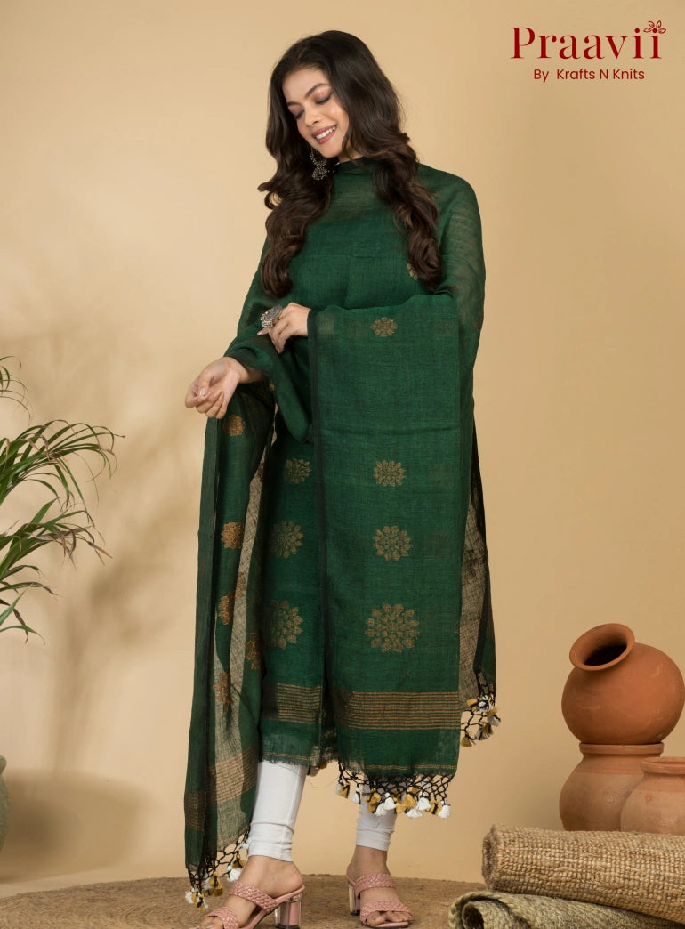 Graceful Green Handloom Linen Suit with Zari Detailing