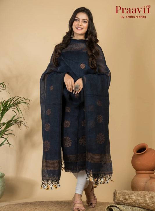 Royal Navy Blue Handloom Lilen Suit with Copper Zari Detailing
