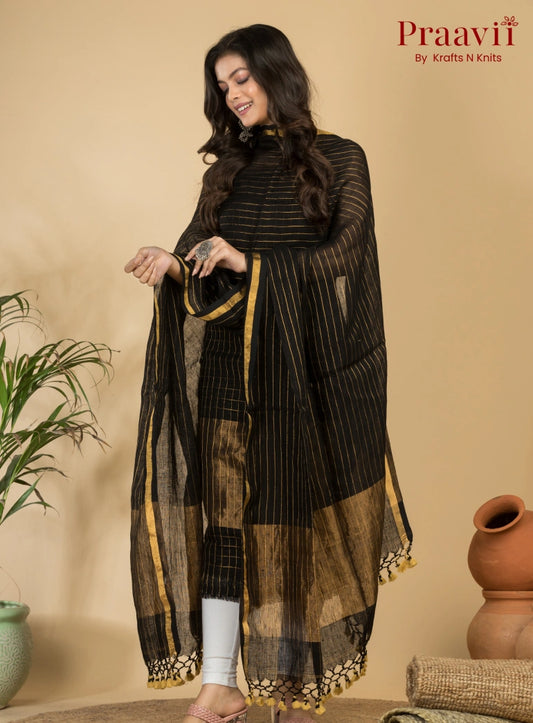 Black Pure Linen Unstitched Jamdani Suit 2-Piece Set