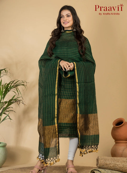 Forest Green Pure Linen Unstitched Jamdani Suit 2-Piece Set
