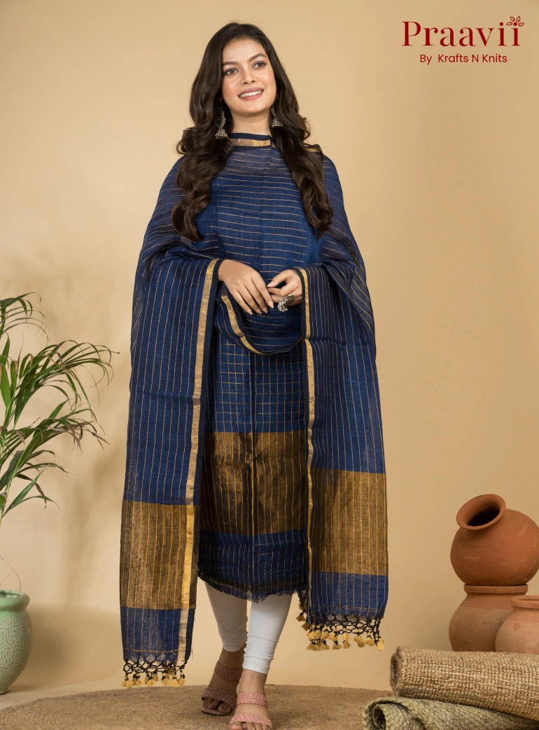 Deep Ocean Blue Pure Linen Unstitched Jamdani Suit 2-Piece Set