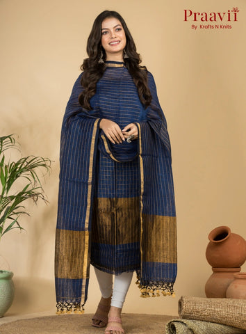 Deep Ocean Blue Pure Linen Unstitched Jamdani Suit 2-Piece Set