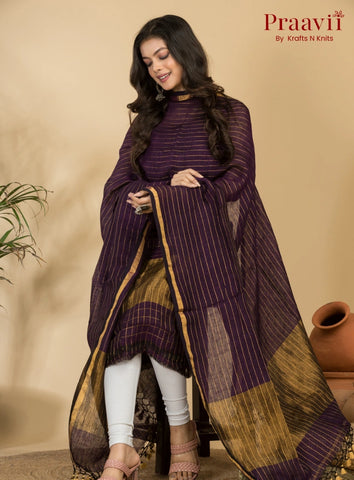 Purple Plum Pure Linen Unstitched Jamdani Suit 2-Piece Set