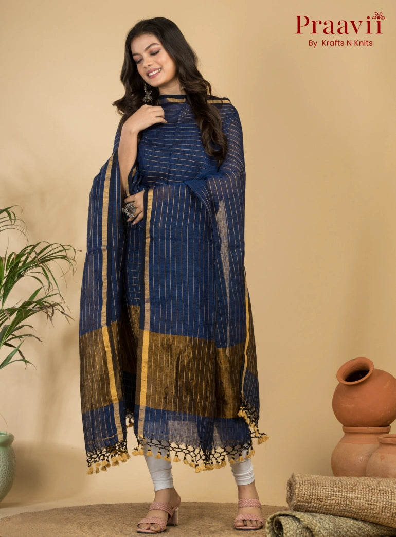 Deep Ocean Blue Pure Linen Unstitched Jamdani Suit 2-Piece Set