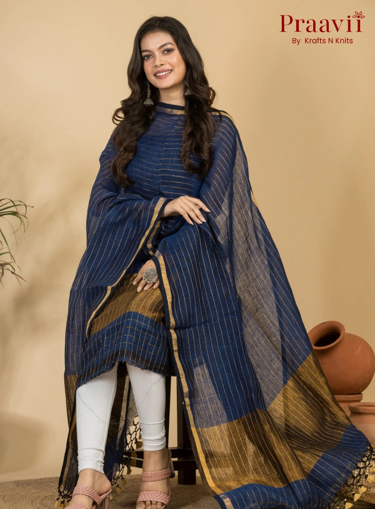 Deep Ocean Blue Pure Linen Unstitched Jamdani Suit 2-Piece Set