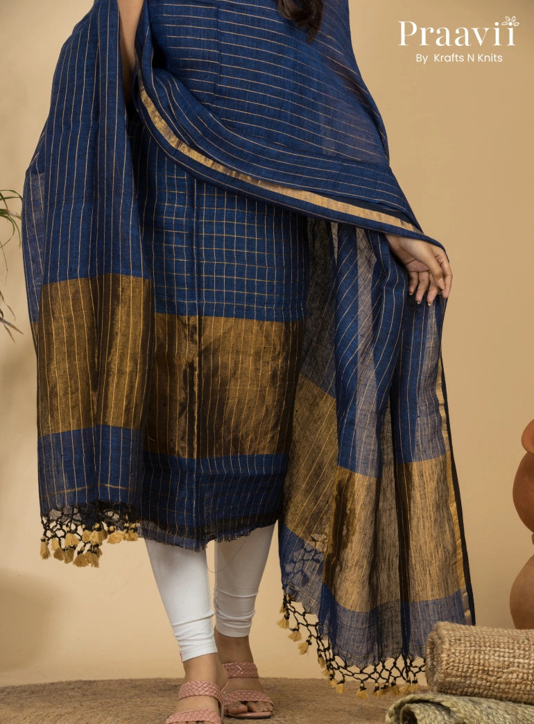 Deep Ocean Blue Pure Linen Unstitched Jamdani Suit 2-Piece Set