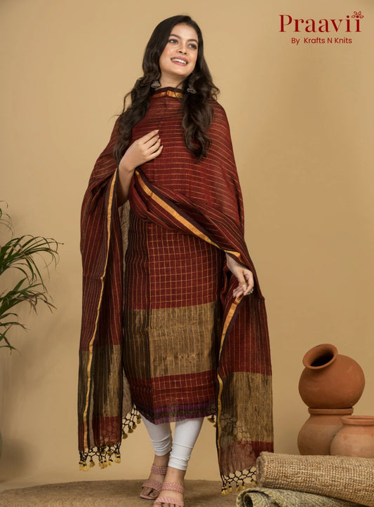 Burgundy Pure Linen Unstitched Jamdani Suit 2-Piece Set