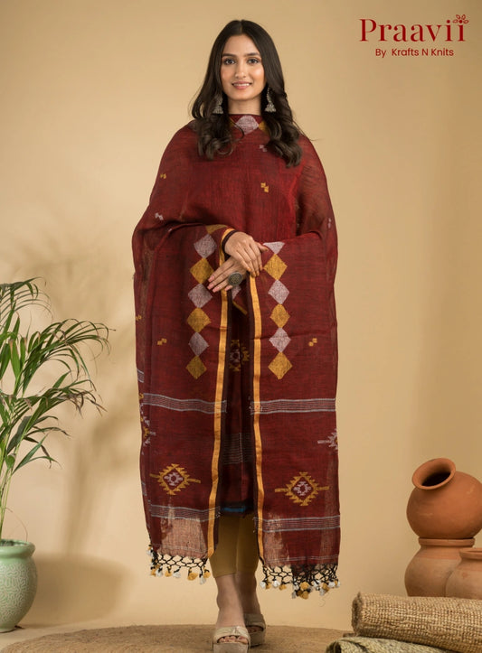 Maroon Handloom Jamdani Linen Suit with Traditional Motifs