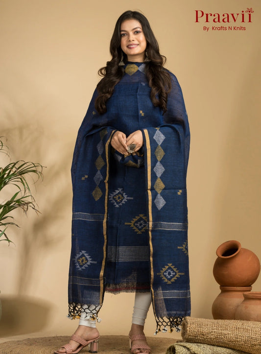 Designer Navy Blue Handloom Jamdani Linen Suit with Traditional Motifs