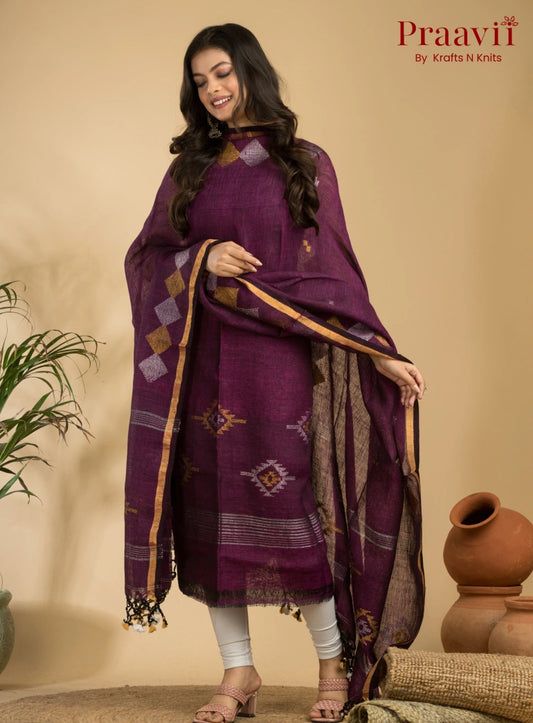 Dark Magenta Handloom Jamdani Linen Suit with Traditional Motifs