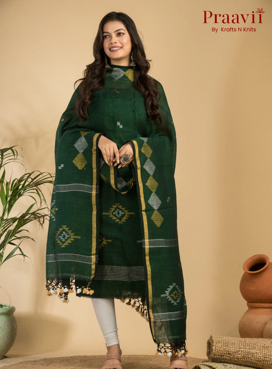 Fern Green Handloom Jamdani Linen Suit with Traditional Motifs