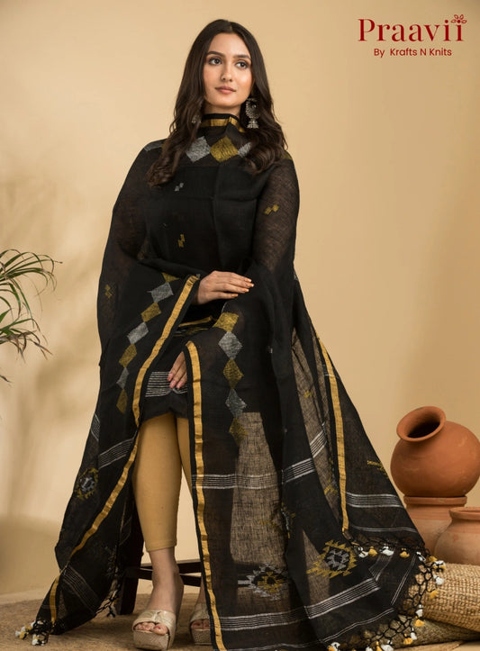 Obsidian Black Handloom Jamdani Linen Suit with Traditional Motifs