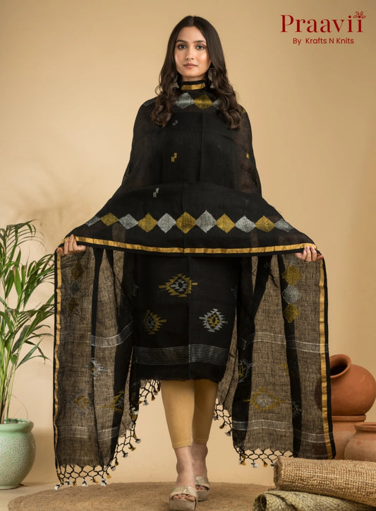 Jet Black Handloom Jamdani Linen Suit with Traditional Motifs