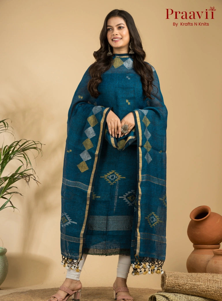 Cobalt Blue Pure Linen Unstitched Jamdani Suit 2-Piece Set