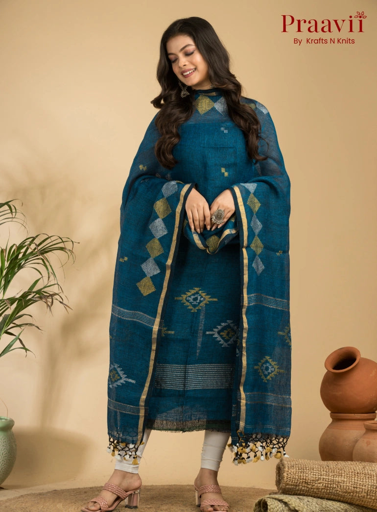 Cobalt Blue Pure Linen Unstitched Jamdani Suit 2-Piece Set