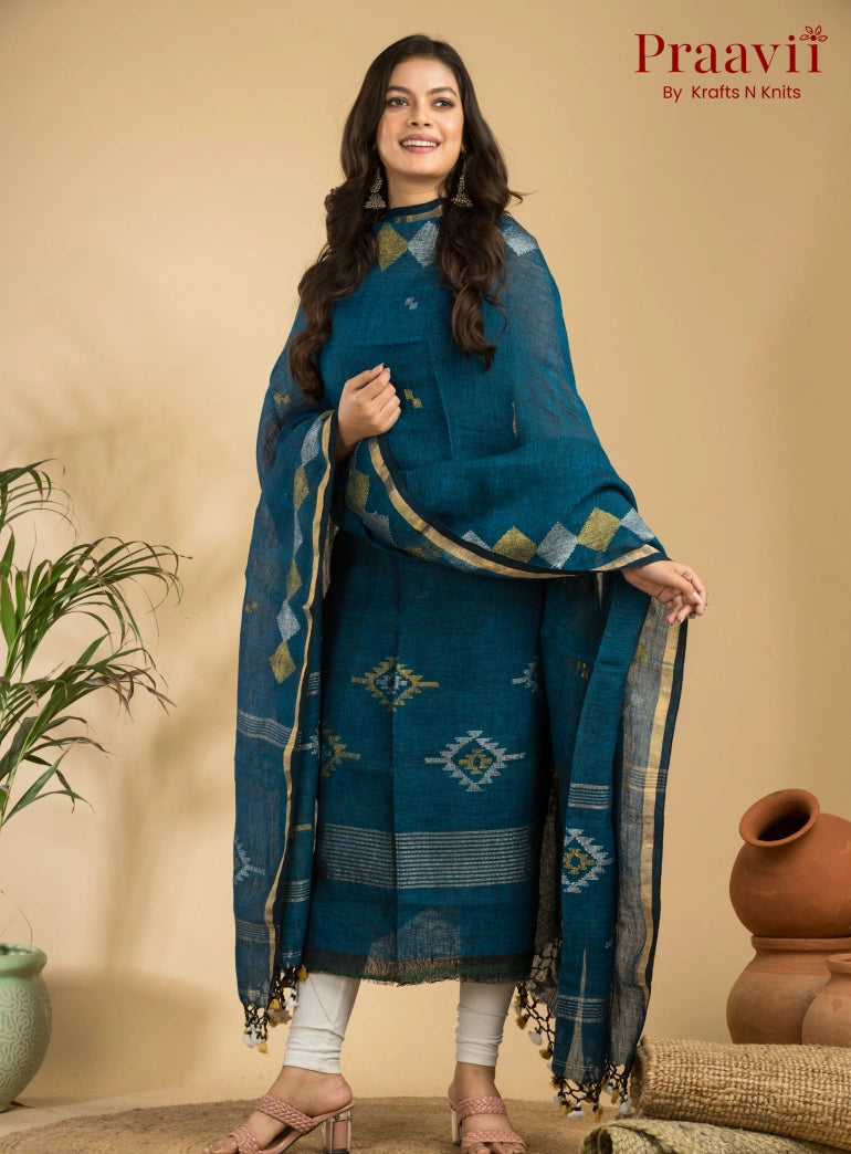 Cobalt Blue Pure Linen Unstitched Jamdani Suit 2-Piece Set