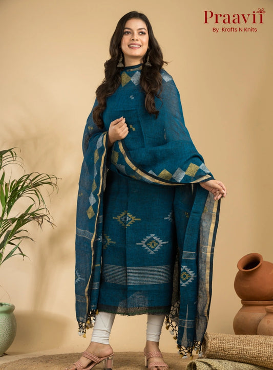 Cobalt Blue Pure Linen Unstitched Jamdani Suit 2-Piece Set