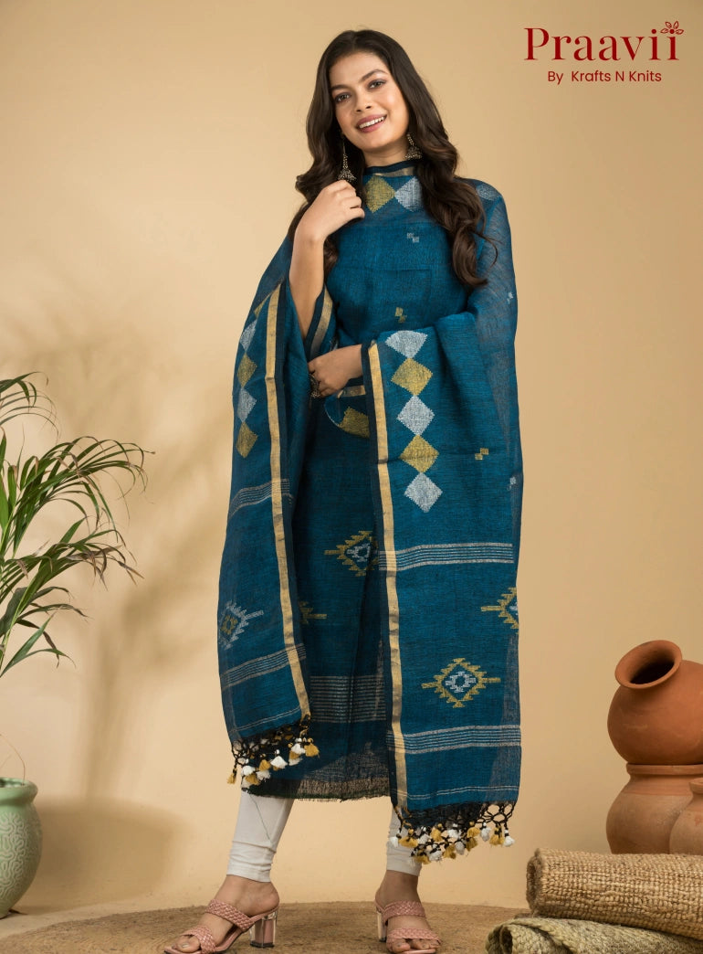 Cobalt Blue Pure Linen Unstitched Jamdani Suit 2-Piece Set