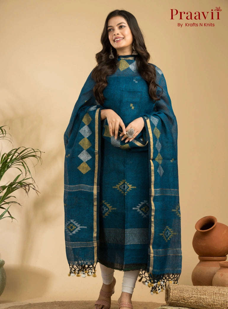 Cobalt Blue Pure Linen Unstitched Jamdani Suit 2-Piece Set
