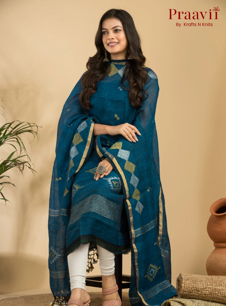 Cobalt Blue Pure Linen Unstitched Jamdani Suit 2-Piece Set