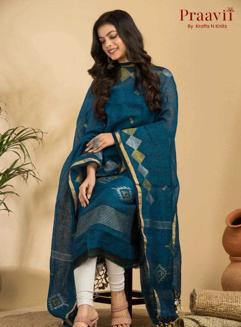 Cobalt Blue Pure Linen Unstitched Jamdani Suit 2-Piece Set
