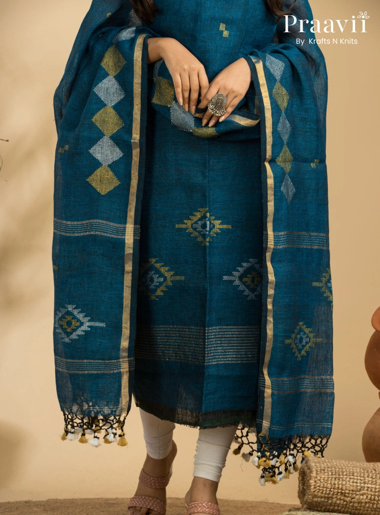 Cobalt Blue Pure Linen Unstitched Jamdani Suit 2-Piece Set