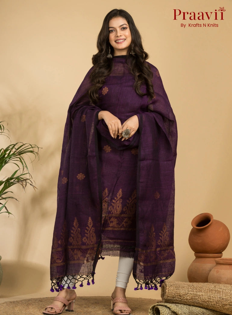 Dark Violet Handloom Jamdani Linen Suit with Traditional Motifs